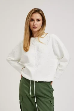Bluzy Damskie Białe|Bluzy Wiosenne>Moodo Bluza z okrąłym dekoltem i wiązaniem w pasie biała