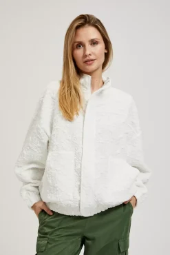 Bluzy Damskie Białe|Bluzy Wiosenne>Moodo Bluza zapinana na zamek z długimi rękawami biała