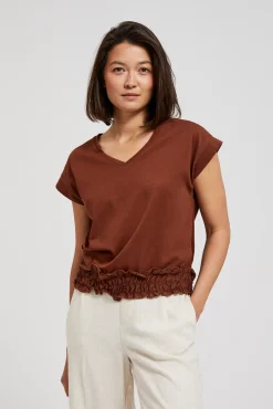 Bluzki Bawełniane|Bluzki Z Krótkim Rękawem>Moodo Bluzka z dekoltem w serek i gumą w pasie brązowa