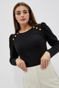 Bluzki Czarne|Bluzki Na Lato>Moodo Bluzka z prążkowanej dzianiny z bufiastymi rękawami czarna