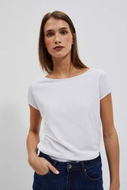 Bluzki Biale|Bluzki Bawełniane>Moodo Dopasowany gładki t-shirt z krótkimi rękawami biały
