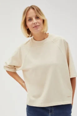 Bluzy Wiosenne|Bluzy Damskie Bez Kaptura>Moodo Gładka bluza oversize z krótkimi rękawami beżowa
