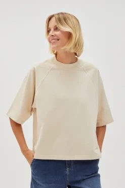 Bluzy Wiosenne|Bluzy Damskie Bez Kaptura>Moodo Gładka bluza oversize z krótkimi rękawami beżowa