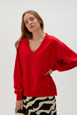 Bluzy Damskie Bez Kaptura|Bluzy Damskie Oversize>Moodo Gładka bluza z dekoltem w serek czerwona