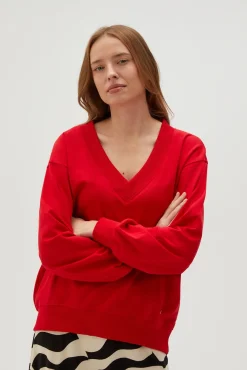 Bluzy Damskie Bez Kaptura|Bluzy Damskie Oversize>Moodo Gładka bluza z dekoltem w serek czerwona