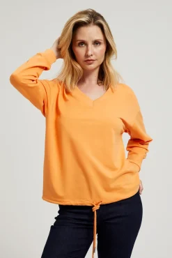 Bluzy Damskie Sportowe|Bluzy Damskie Bez Kaptura>Moodo Gładka bluza z dekoltem w serek i wiązaniem pomarańczowa