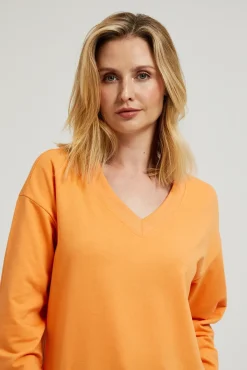 Bluzy Damskie Sportowe|Bluzy Damskie Bez Kaptura>Moodo Gładka bluza z dekoltem w serek i wiązaniem pomarańczowa