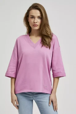 Bluzy Wiosenne|Bluzy Damskie Krótkie>Moodo Gładka bluza z dekoltem w serek i rękawami 3/4 różowa