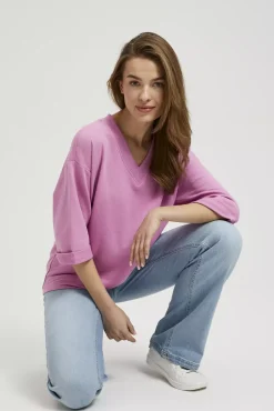 Bluzy Wiosenne|Bluzy Damskie Krótkie>Moodo Gładka bluza z dekoltem w serek i rękawami 3/4 różowa