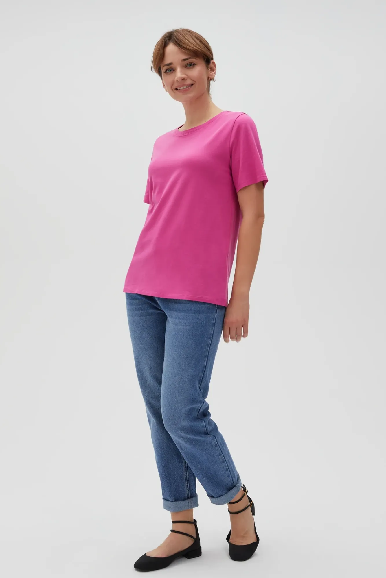 Bluzki Bawełniane|Bluzki Z Krótkim Rękawem>Moodo Gładki bawełniany t-shirt fuksjowy