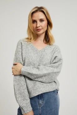 Swetry Szare|Swetry Casual>Moodo Gładki sweter z dekoltem w serek i ściągaczem szary