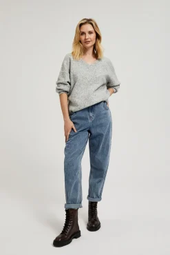 Swetry Szare|Swetry Casual>Moodo Gładki sweter z dekoltem w serek i ściągaczem szary
