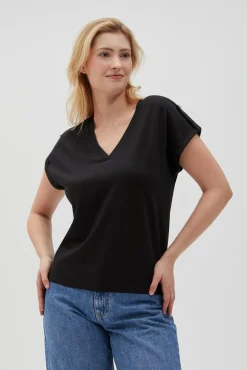 Bluzki Z Dekoltem W Serek|Bluzki Bawełniane>Moodo Gładki t-shirt z dekoltem w serek czarny