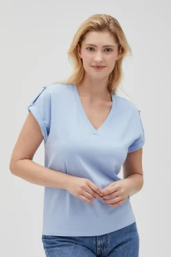 Bluzki Z Dekoltem W Serek|Bluzki Bawełniane>Moodo Gładki t-shirt z dekoltem w serek błękitny