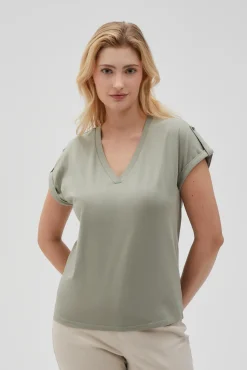 Bluzki Z Dekoltem W Serek|Bluzki Bawełniane>Moodo Gładki t-shirt z dekoltem w serek oliwkowy