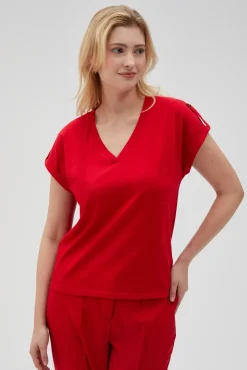 Bluzki Z Dekoltem W Serek|Bluzki Bawełniane>Moodo Gładki t-shirt z dekoltem w serek czerwony