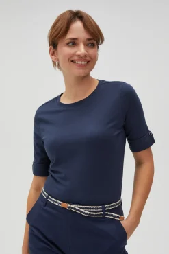 Bluzki Granatowe|Bluzki Bawełniane>Moodo Gładki t-shirt z podwijanymi rękawami granatowy