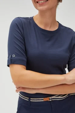 Bluzki Granatowe|Bluzki Bawełniane>Moodo Gładki t-shirt z podwijanymi rękawami granatowy