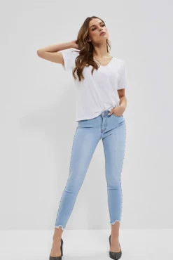 Jeansy Rurki|Jeansy Skinny>Moodo Jeansy medium waist z postrzępionymi nogawkami błękitne