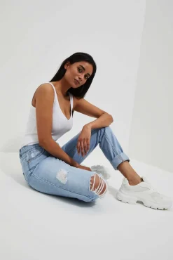Jeansy Mom Fit|Jeansy Z Wysokim Stanem>Moodo Jeansy mom fit z przetarciami błękitne