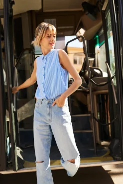 Jeansy Z Wysokim Stanem|Jeansy Z Dziurami>Moodo Jeansy wide leg z rozcięciami błękitne