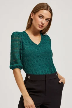 Bluzki Z Krótkim Rękawem|Bluzki Zielone>Moodo Koronkowa bluzka z bufiastymi rękawami szmaragdowa
