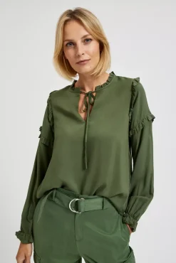 Koszule Zielone|Koszule Casual>Moodo Koszula z falbanami na rękawach i wiązaniem na dekolcie khaki