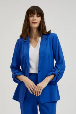 Eleganckie Marynarki Damskie|Modne Marynarki Damskie>Moodo Lniana marynarka z rękawami 3/4 niebieska