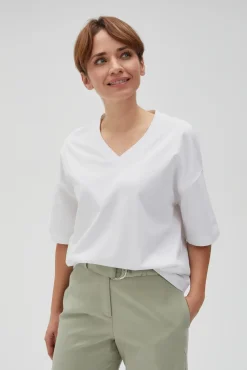 Bluzki Biale|Bluzki Z Dekoltem W Serek>Moodo Luźny t-shirt z dekoltem w serek biały