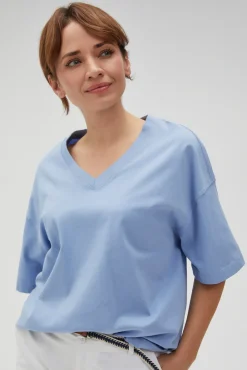 Bluzki Bawełniane|Bluzki Z Krótkim Rękawem>Moodo Luźny t-shirt z dekoltem w serek niebieski
