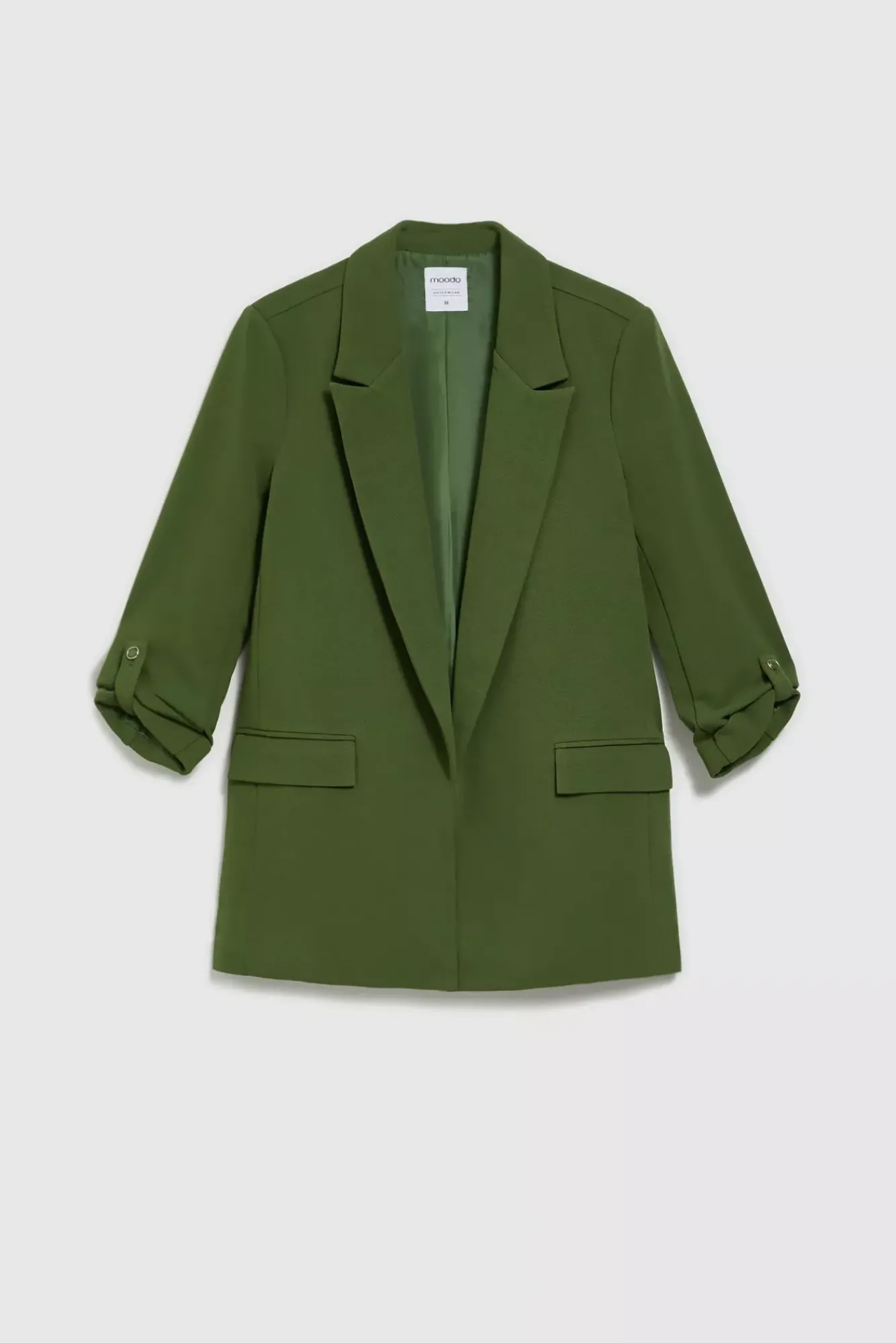 Eleganckie Marynarki Damskie|Modne Marynarki Damskie>Moodo Marynarka damska z marszczonymi rękawami 3/4 i kieszeniami khaki