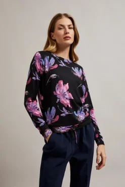 Swetry Czarne|Swetry Casual>Moodo Sweter w kwiaty z długimi rękawami fioletowy