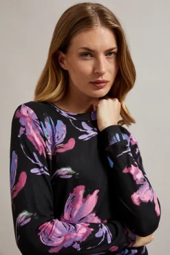 Swetry Czarne|Swetry Casual>Moodo Sweter w kwiaty z długimi rękawami fioletowy