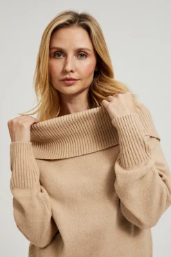 Swetry Beżowe|Swetry Casual>Moodo Sweter z odwijanym dekoltem beżowy
