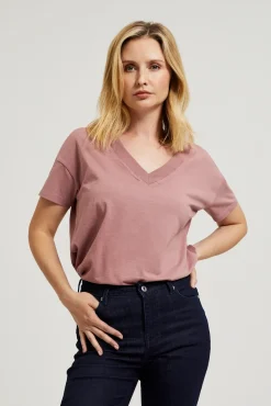 Bluzki Bawełniane|Bluzki Różowe>Moodo T-shirt z dekoltem w serek różowy