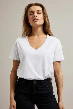 Bluzki Bawełniane|Bluzki Z Krótkim Rękawem>Moodo T-shirt z dekoltem w serek biały
