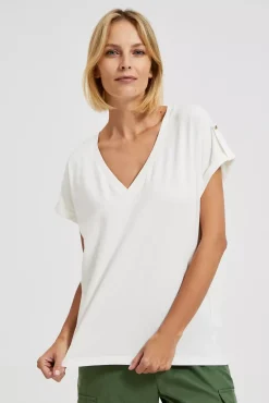 Bluzki Bawełniane|Bluzki Z Krótkim Rękawem>Moodo T-shirt z dekoltem w serek biały damski