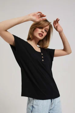 Bluzki Bawełniane|Bluzki Z Krótkim Rękawem>Moodo T-shirt z dekoltem w serek z guzikami czarny