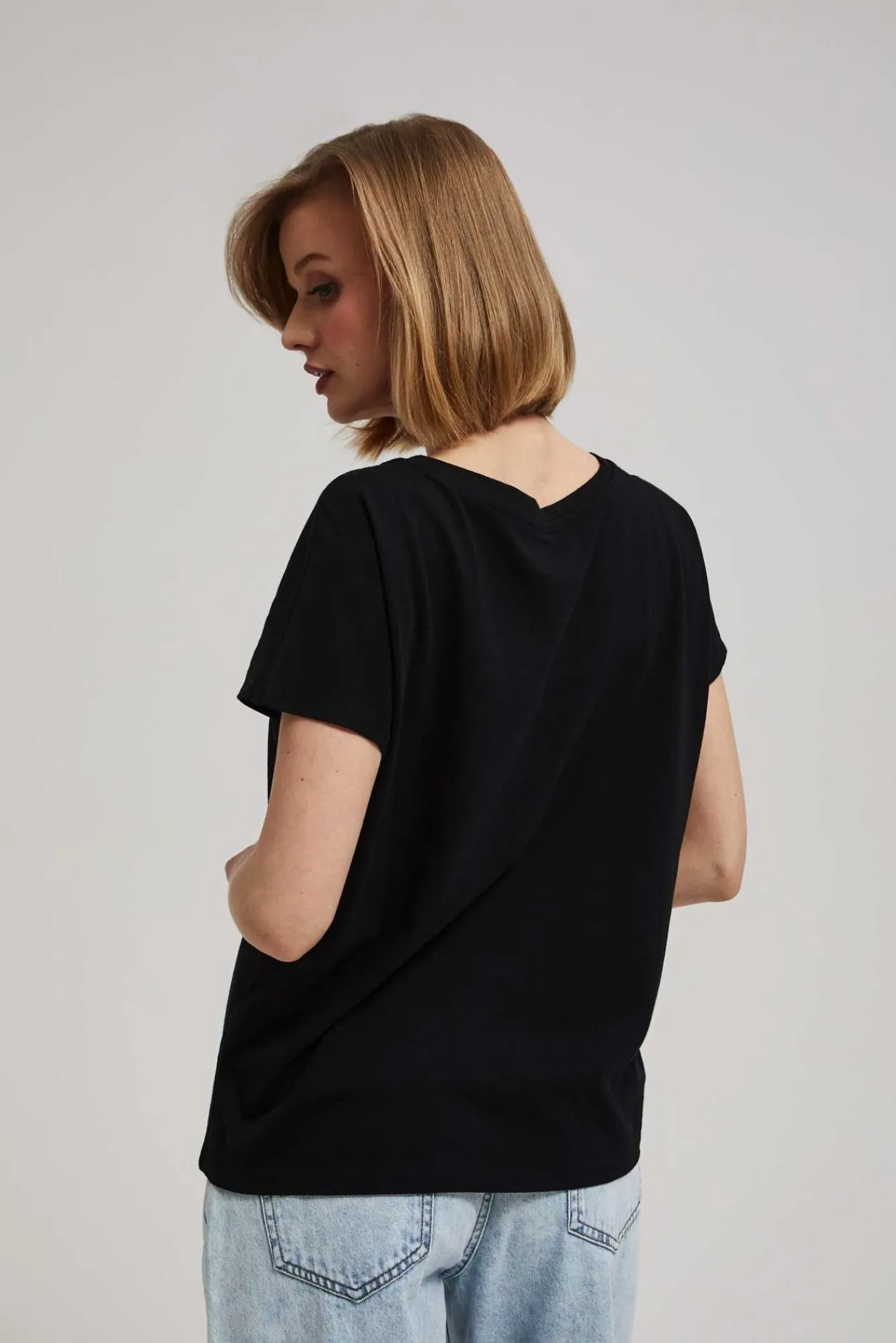 Bluzki Bawełniane|Bluzki Z Krótkim Rękawem>Moodo T-shirt z dekoltem w serek z guzikami czarny