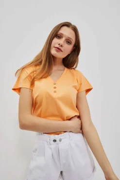 Bluzki Bawełniane|Bluzki Z Krótkim Rękawem>Moodo T-shirt z dekoltem w serek brzoskwiniowy