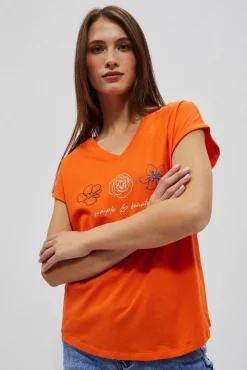 Bluzki Bawełniane|Bluzki Z Krótkim Rękawem>Moodo T-shirt z dekoltem w serek i nadrukiem pomarańczowy