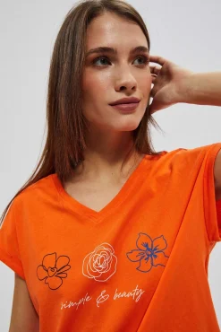 Bluzki Bawełniane|Bluzki Z Krótkim Rękawem>Moodo T-shirt z dekoltem w serek i nadrukiem pomarańczowy