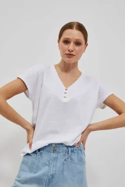 Bluzki Biale|Bluzki Bawełniane>Moodo T-shirt z dekoltem w serek i guzikami biały
