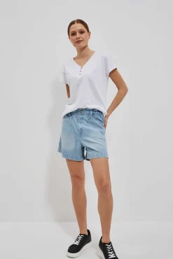 Bluzki Biale|Bluzki Bawełniane>Moodo T-shirt z dekoltem w serek i guzikami biały