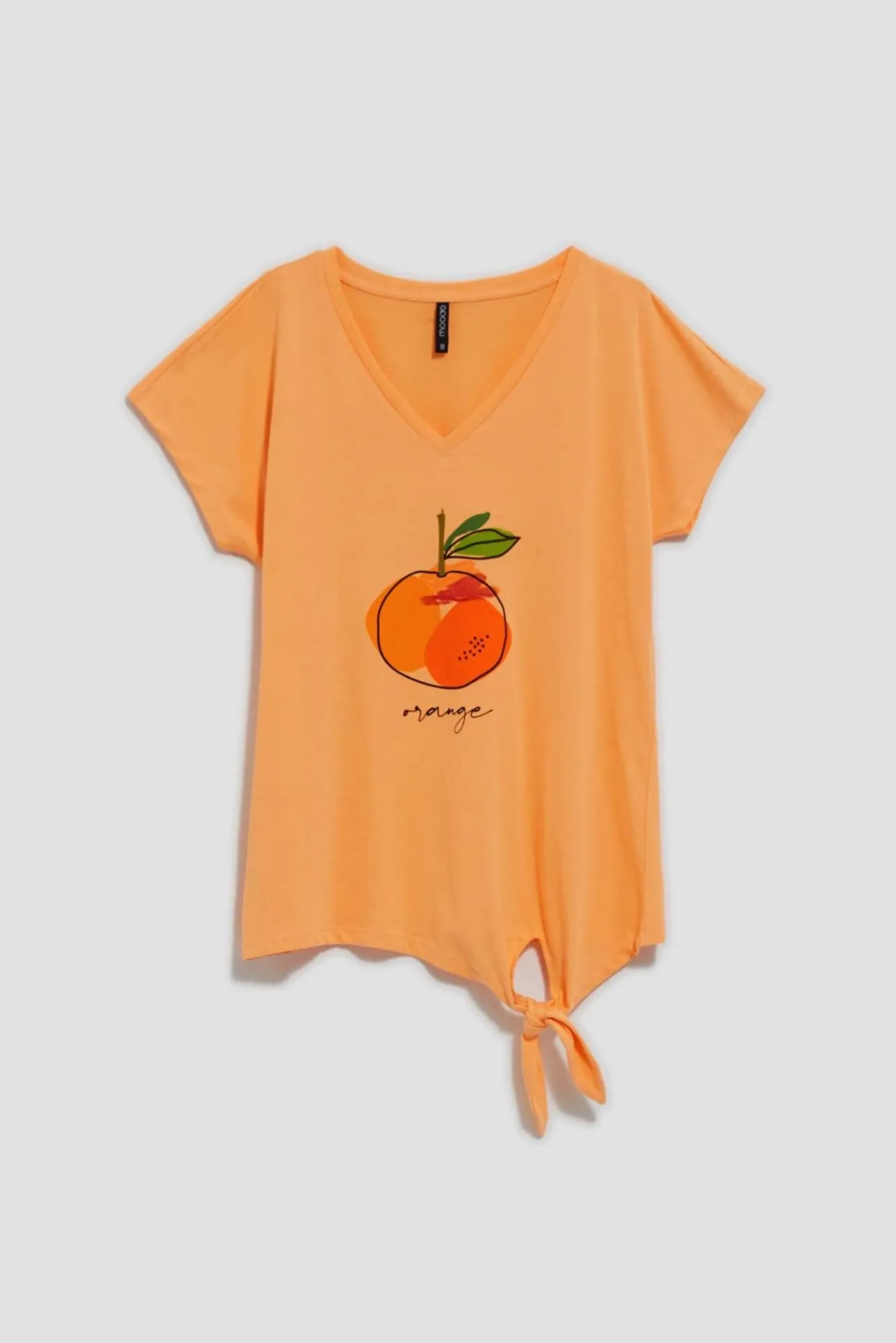 Bluzki Bawełniane|Bluzki Z Krótkim Rękawem>Moodo T-shirt z nadrukiem i dekoltem w serek brzoskwiniowy