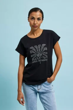 Bluzki Bawełniane|Bluzki Na Lato>Moodo T-shirt z nadrukiem i okrągłym dekoltem czarny