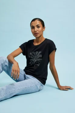 Bluzki Bawełniane|Bluzki Na Lato>Moodo T-shirt z nadrukiem i okrągłym dekoltem czarny