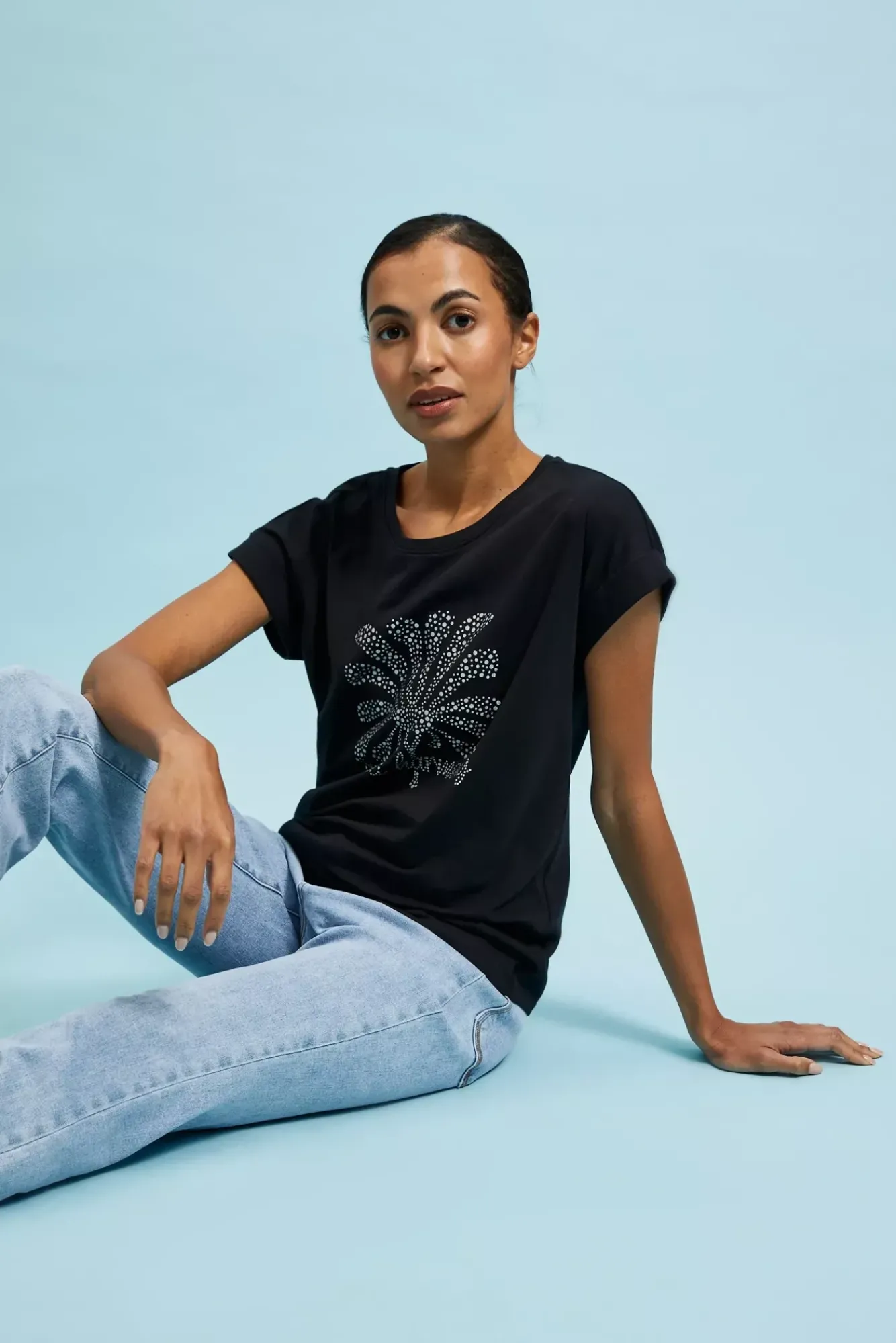 Bluzki Bawełniane|Bluzki Na Lato>Moodo T-shirt z nadrukiem i okrągłym dekoltem czarny