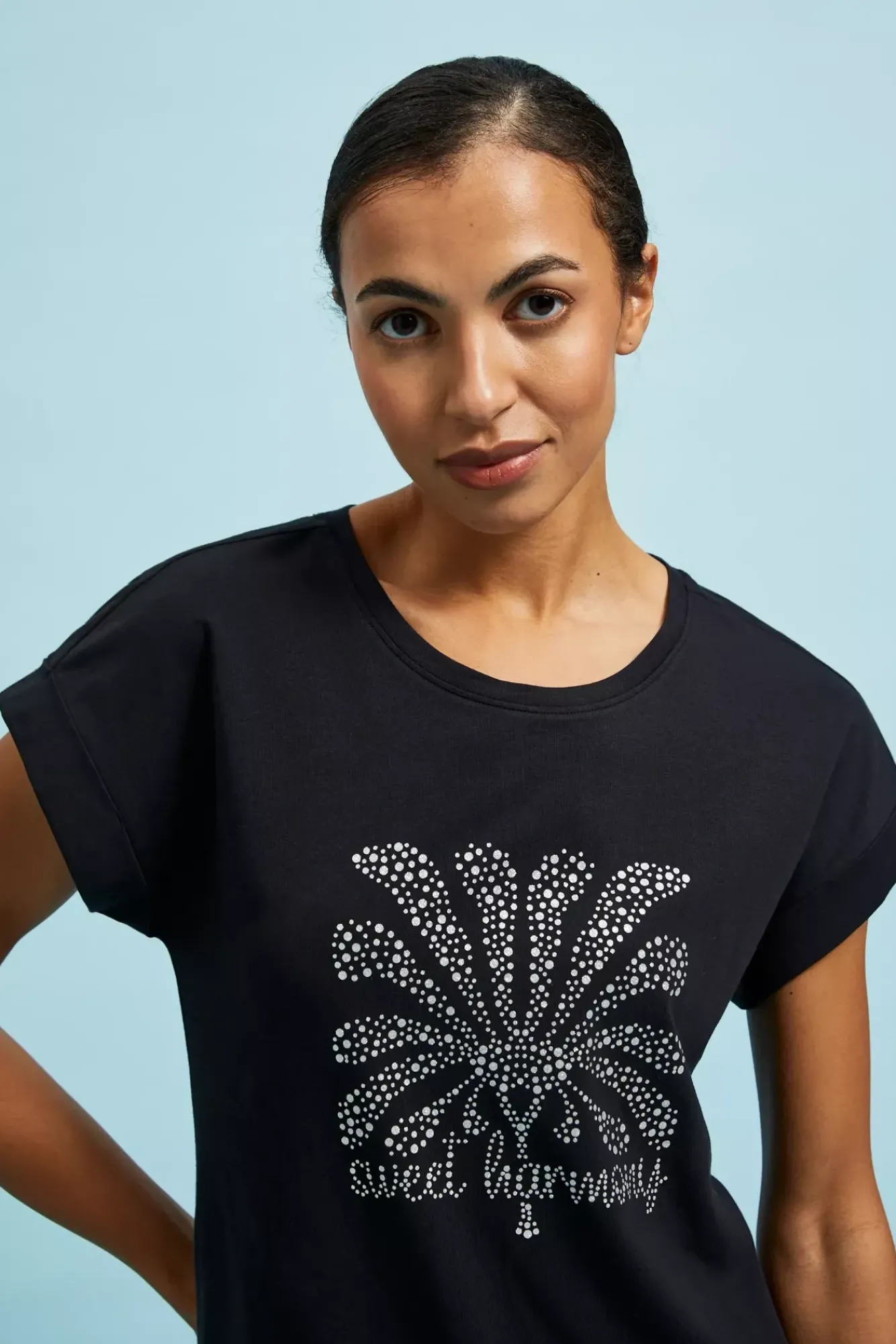 Bluzki Bawełniane|Bluzki Na Lato>Moodo T-shirt z nadrukiem i okrągłym dekoltem czarny