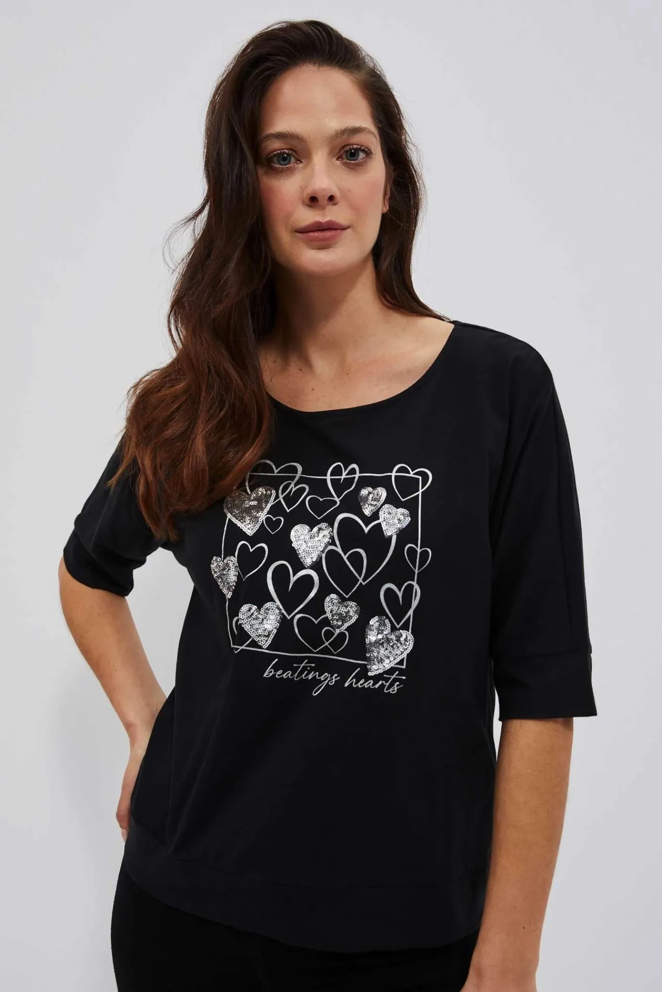 Bluzki Biale|Bluzki Bawełniane>Moodo T-shirt z nadrukiem serc czarny